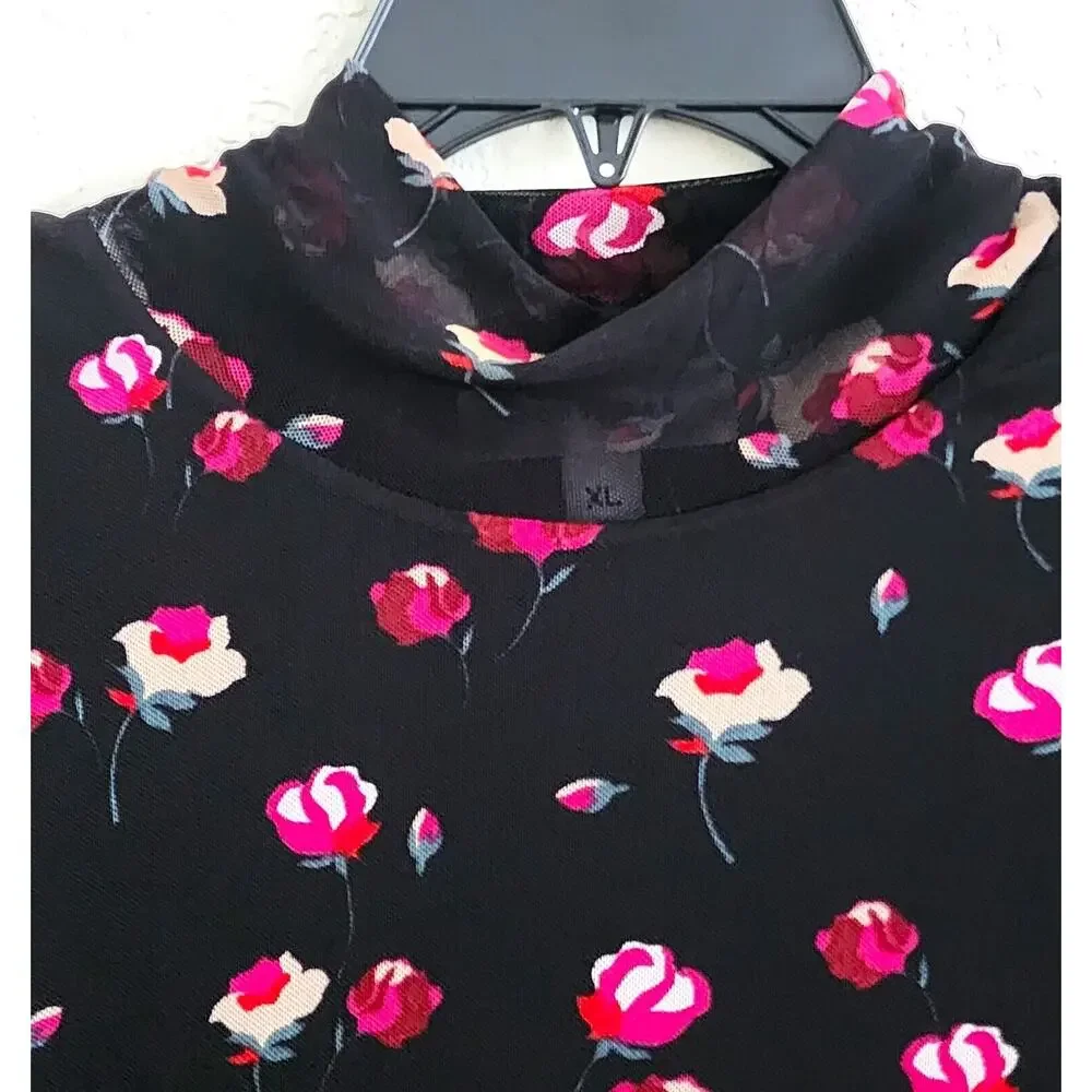 POPSUGAR Women's XL Black Floral Mesh Sheer Sleeve Mock Neck Top Blouse
